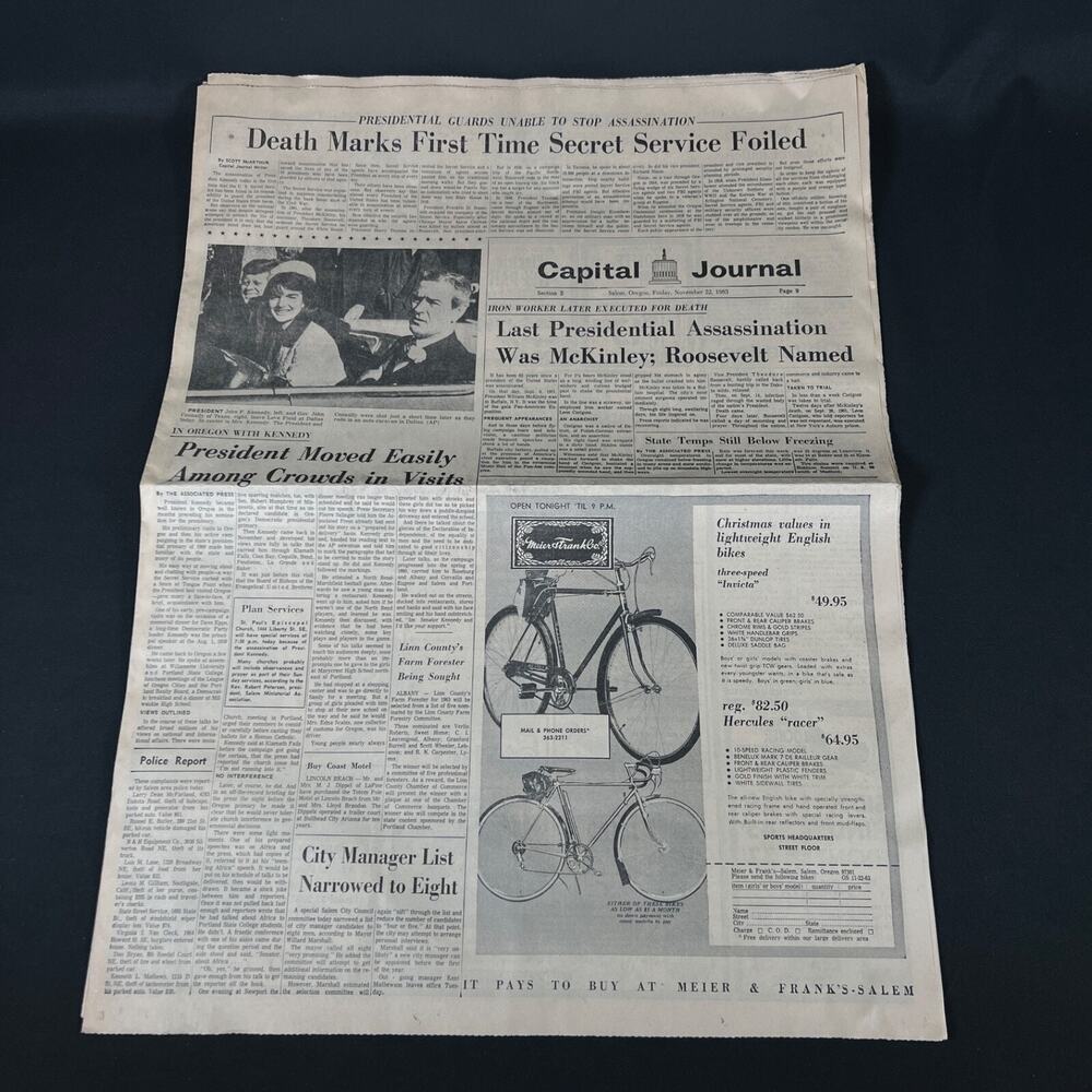 1963 nov 22 “Death Marks First Time Secret Service Foiled” vintage newspaper